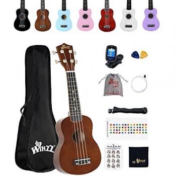 Winzz Ukelele Soprano Starter Kit para Principiante. Incluye: Funda, Afinador, Cuerdas Extra, Correa Ajustable, Púas, Pegatinas de notas, Guía de Acordes y Paño de pulido. Color: Canela Marrón