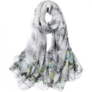 STORY OF SHANGHAI Bufanda de Seda Mujer 100% Seda Estampado Floral Colorido Gran Bufanda Mantón Ultraligero Transpirable Elegante,Bambú Gris,175 * 100 cm