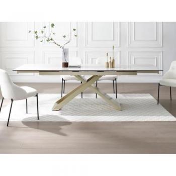 Mesa extensible para 6 a 10 personas en cerámica, vidrio templado y metal - efecto mármol blanco y dorado - XERENA de Maison Céphy