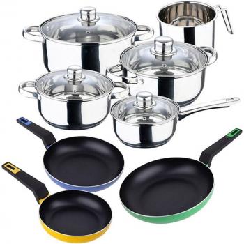 San Ignacio - Set de 12 Piezas de Cocina en Acero Inoxidable - Ollas y Sartenes - Distribución Uniforme del Calor + Set de 3 Sartenes de Aluminio Prensado (18