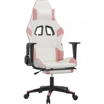 Massage Gaming Chair with Footrest in White and Pink Faux Leather