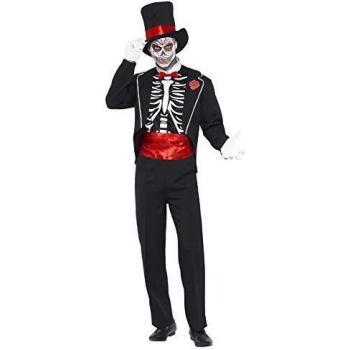 Smiffys-21565M Halloween Disfraz del Día de Muertos, con Chaqueta, Falsa Camisa, Sombrero y Guante, Color Negro, M-Tamaño 38-40