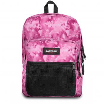 Mochila Eastpak Pinnacle 38L Flower Blur Pink, características: capacidad de 38 litros, diseño floral en tonos rosas, compartimento principal amplio con cierre de cremallera, dos bolsillos frontales con cremallera para almacenamiento