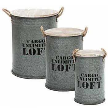 Juego de 3 bidones de almacenamiento metálicos Loft - Tamaños variados - Color gris