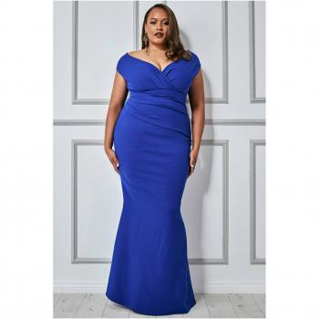 Goddiva Plus Bardot Pleated Maxi Dress - Royal Blue