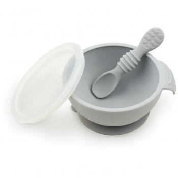 Set de alimentacion bumkins gris con ventosa silicona tapa y cuchar