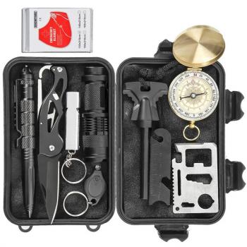 Kits de supervivencia de emergencia, 11 en 1 Kit de equipo de supervivencia al aire libre profesional con cuchillo plegable, brújula, manta de emergencia, arrancador de fuego, linterna, silbato, etc táctica pluma para viajar, senderismo, ciclismo, escal