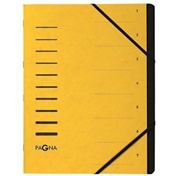 Carpeta clasificadora A4, 7 compartimentos, color amarillo, con líneas de etiquetado y lomo tipo acordeón