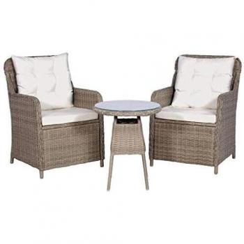3 Piece Bistro Set with Cushions and Pillows Poly Rattan Brown