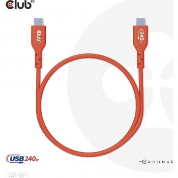 Cable USB-C bidireccional Club 3D CAC-1515, certificado USB2, datos a 480 Mb/s, potencia de entrega (PD) de 240 W (48 V/5 A), EPR M/M