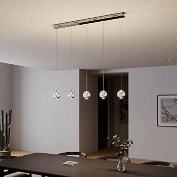 Lámpara colgante LED Hayley, 5 luces, larga, color cromo, moderna, de vidrio transparente para salón y comedor