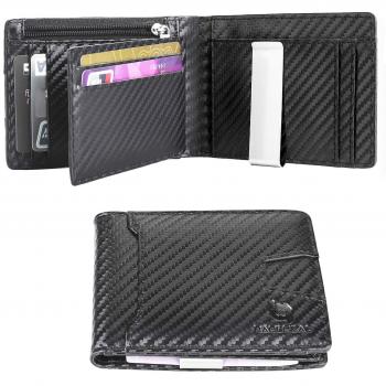 BAGLOBAL Cartera hombre, billetera hombre con 12 ranuras para tarjeta de película resistentes a los arañazos, cartera de fibra de carbono con caja de regalo, apto para todas las ocasiones