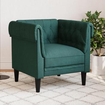 Sillón Chesterfield de tela verde oscuro, tapizado con respaldo y reposabrazos, ideal para salón, sofá de relax y descanso