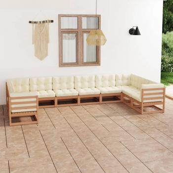 Set de muebles de jardín 10 piezas con cojines en color marrón miel y fabricados en madera de pino