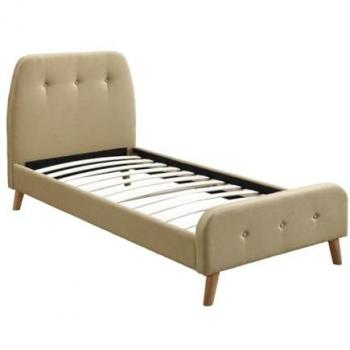 Cama 90 x 190 cm con cabecero capitoné de tela en color beige - ROMEO