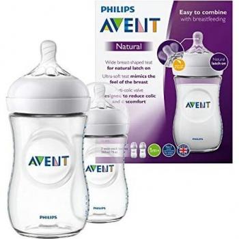 Philips Avent Biberón Natural SCF033/27 - Pack de dos biberones de 260 ml con tetina con flujo para recién nacidos, diseñada para imitar el tacto del pecho, 0% BPA, 1m+, color transparente
