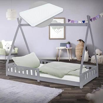 Cama Infantil Tipi Gris de Madera de Pino con Colchón Hipoalergénico y Protección Anticaída 90 x 200 cm