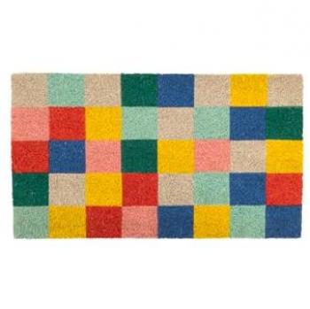 Felpudo Fisura de Coco con Base Antideslizante PVC - Diseño Cuadros Multicolor, Pintado a Mano, 70x40 cm
