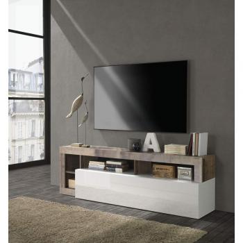 Mueble TV SEFRO - 1 puerta y 4 estantes - Blanco lacado y roble