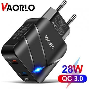 Cargador VAORLO 28W con puerto de carga brillante, doble USB 3.0 y carga rápida para cable de datos, cargador UE/EE. UU. negro