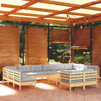 vidaXL 13-Piece Pinewood Garden Lounge Set with Grey Cushions