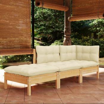 3-Piece Garden Lounge Set with Cream Cushions Solid Pinewood