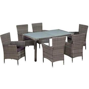 7-Piece Grey Poly Rattan Outdoor Dining Set with Cushions