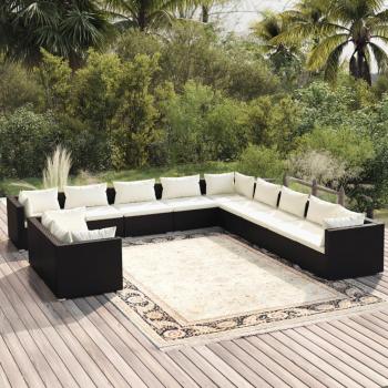 Set de Muebles de Jardín 11 Piezas con Cojines en Ratán Sintético Negro