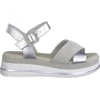 Sandalia Mujer TAMARIS 88701 en piel plata y nubuck beig, plantilla anatómica acolchada, ajuste con tira tobillera de hebilla, cuña cómoda y elegante, altura tacón bajo (3-5 cm)