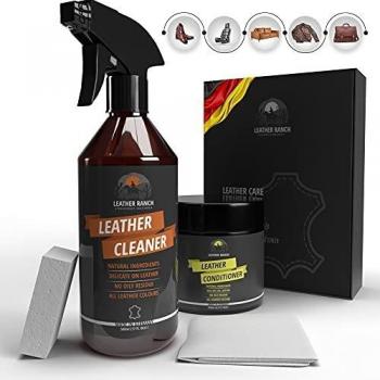 LEATHER RANCH Kit Limpieza Cuero - Incluye Limpiador Cuero Coche & Acondicionador Reparador Cuero Coche, Sofá, Botas, Bolso - Limpiador Tapiceria Coche Cuero, Alternativa a Cuero Liquido Negro, 750ml