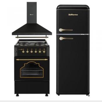 Combo Pack Solthermic® Negro Rústico: Cocina Eléctrica 4 Fuegos 50x55cm + Campana Decorativa 60cm + Frigorífico Retro 208L
