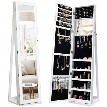 Armario para Joyas con Espejo Joyero de Pie Giratorio Costway - 91 Ranuras para Anillos, 30 Ganchos para Cadena, 30 Espacios para Pendientes, Color Blanco, Dimensiones: