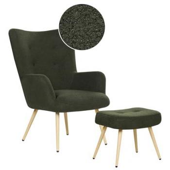 Sillón Orejero Moderno de Bouclé Verde Oscuro con Reposapiés Vejle II