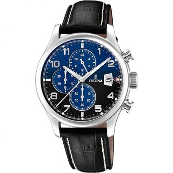 Reloj Festina Timeless Chronograph F20375/7 para Hombre, Esfera Azul, Caja de Acero Inoxidable 316L Gris Plata, Correa de Piel Marrón