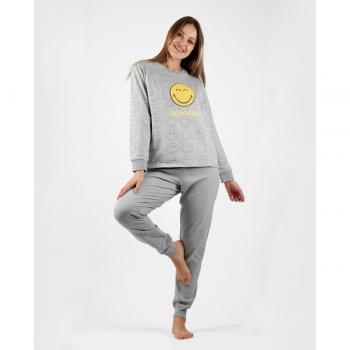 Pijama de mujer largo con diseño frontal Smileyworld Heroes gris sonriente