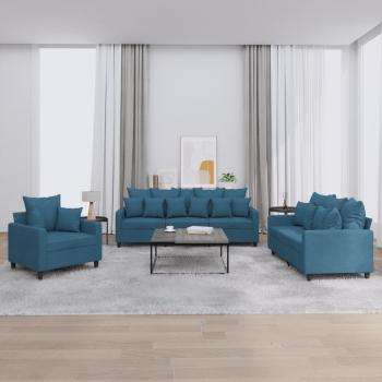 Conjunto de sofá de 3 piezas con almohadas de terciopelo azul
