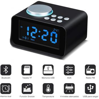 Wonyered Altavoces Inalámbrico Reloj Bluetooth Portátil Despertador Digital Radio FM Pantalla LCD Regulable con Alarma Dual Soporte Llamada Manos Libres