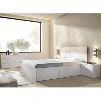 Conjunto Dormitorio Completo GIA 3 con Cama con Cajones, Cabecero, Mesitas de Noche y Cómoda en Blanco y Natural