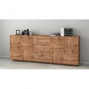 Aparador Yoel de Roble, Buffet de Salón con 4 Puertas y 3 Cajones, Dimensiones 220x44x86 cm, Embalaje Reforzado