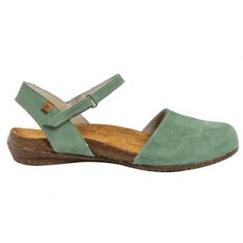 Sandalias Planas de Piel para Mujer El Naturalista Wakataua Verde Jade con Velcro (Talla 40)