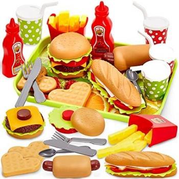 BUYGER Hamburguesa Comida Desmontar Juguetes, Cocina Alimentos Juguetes Plástico Accesorios con Bandeja Vajilla Juego de rol Regalos para Niños Niñas