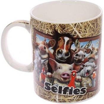 Puckator MUG231-Taza, diseño de animales de la granja-Soporte de porcelana, diseño de corazones, color Beige/azul/negro/Gris