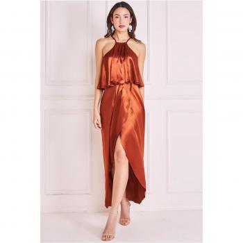 Goddiva Satin Viscose Front Wrap Midaxi Dress - Brown