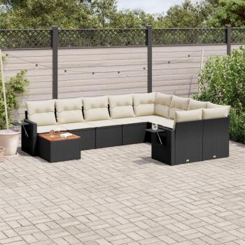 10-Piece Black Poly Rattan Garden Sofa Set with Cushions