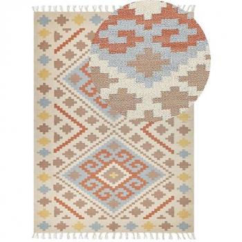Alfombra Kilim Multicolor de Algodón 200 x 300 cm con Patrón Geométrico y Borlas, Pelo Bajo Rectangular