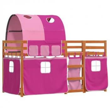 Litera con cortinas de madera maciza de pino rosa 90x200 cm