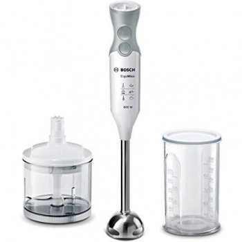 Batidora de Mano Bosch ErgoMixx MSM66120, 600W con 12 Velocidades, Cuchillas de Acero Inoxidable y Vaso Graduado - Color Gris y Blanco