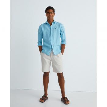 Altonadock - Camisa de lino azul clásica para hombre