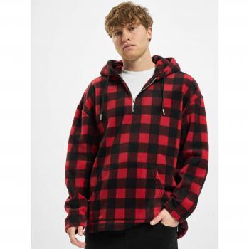Urban Classics Red Check Patterned Polar Fleece Half Zip Hoodie