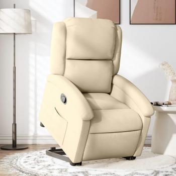Sillón reclinable elevable de tela color crema con función de reclinación, tapizado en tela suave, estructura resistente, mecanismo de elevación y diseño ergonómico